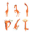 Crazy giraffe activities set. Funny African animal character drinking soda, smoking pipe, skateboarding cartoon vector illustration