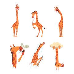 Sticker - Crazy giraffe activities set. Funny African animal character drinking soda, smoking pipe, skateboarding cartoon vector illustration