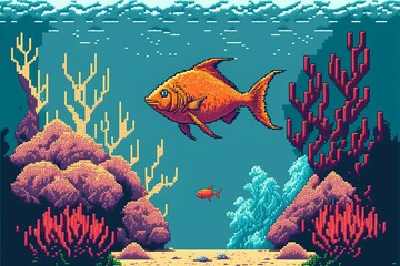 Wall Mural - Fish and coral under the sea, pixel art style. AI digital illustration