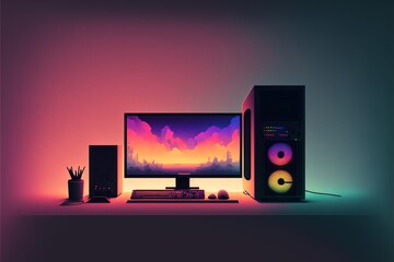 Illustration of gamer setup, computer and gamer chair, gradient background. AI