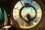 View from inside an airship, steampunk style. AI digital illustration