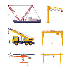 Sticker - Set of construction and industrial cranes. Construction and cargo crane, heavy special machinery flat vector illustration