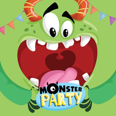 Wall Mural - Monster Party Banner Template with Big Face Funny Monster. Happy Birthday Greeting or Invitation Design Template for Anniversary in Cartoon Style. Vector Illustration.