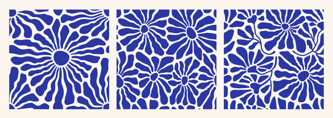 Wall Mural - Matisse curves aestethic seamless patterns. Groovy abstract flower art. Organic floral doodle shapes in trendy naive retro hippie 60s 70s style. Botanic vector backgrounds in blue color.