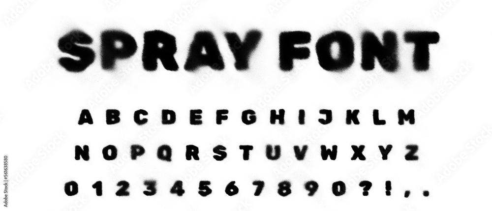 Black colored spray font with capital letters and numbers isolated on ...