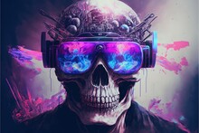 A Skeleton In VR Glasses. A Skull Man Wearing The Futuristic Virtual Reality Headset. Digital Art Style, Illustration Painting