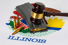 Assault Weapon High-capacity Magazine With Gavel And Illinois State Flag. Semi-automatic Rifle Ban, Gun Control Law And Crime Concept.