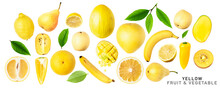Fresh Yellow Vegetable, Fruits And Berry. PNG With Transparent Background. Flat Lay. Without Shadow.