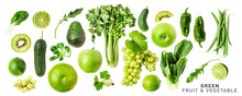 Fresh Green Vegetable, Fruits And Berry. PNG With Transparent Background. Flat Lay. Without Shadow.