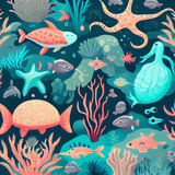 Fototapeta Dinusie - Cute sea underwater pattern with fish and seaweed. Generative AI.