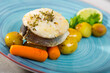 Recipe of country style merluccius: merluccius steak 200 gr, salt, pepper. Roast fish on both sides, season with salt, pepper. Serve with boiled potatoes, carrots and greens.