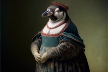 Created With Generative AI Technology. Portrait Of A Penguin In Renaissance Clothing
