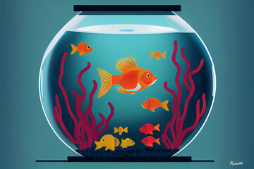 Minimalistic drawing of goldfish in aquarium..