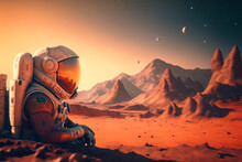 Astronaut In A Spacesuit Who Conquered Mars Looks At The Red Planet Landscape. Ai Generative