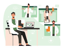Online Medical Conference. Man With Microscope Sits At Laptop And Communicates With Colleagues, Experts Exchange Knowledge. Scientific Research And Drug Development. Cartoon Flat Vector Illustration