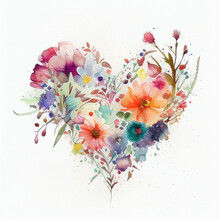 Floral Heart. Heart Of Flowers. Wedding Card. Love Symbol On White Background. Valentine Watercolor Poster