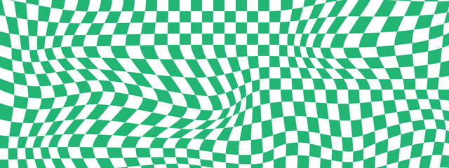 Wall Mural - Distorted green and white chessboard background. Dizzy checkered visual illusion. Psychedelic pattern with warped squares. Trippy checkerboard surface