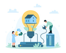 Eco Energy Vector Illustration. Cartoon Tiny People Hold Recycling Sign And Plug Of Charger To Recharge And Connect Smart Family Home Inside Bright Light Bulb To Battery, Electro Station Of Future