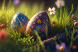 easter eaggs between flowers in the spring grass, generative ai