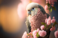 Beautiful Pink-white Parrot On A Sakura Branch, Generative Ai