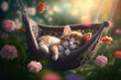 cute kitten in a hammock surrounded by spring flowers, generative ai