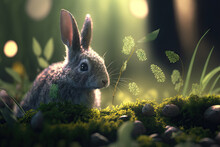 Cute Rabbit In A Spring Forest Scene, Generative Ai