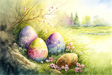 Watercolor Image Of Easter Eaggs Between Flowers In The Grass, Generative Ai