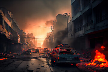 3D Illustration. Digital Art. Warzone city with smoke and fire sources, concept art