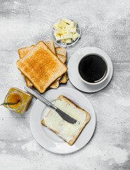 Poster - Toasted bread with butter and hot coffee.