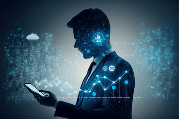Poster - Businessman using mobile smartphone and icon network connection data with growth graph customer, digital marketing, banking, and payment online, analysis and planning of business, Generative AI	