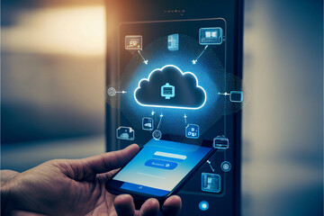 Poster - Phone in the hand of the person virtual popup icon of cloud computing Storage and data transfer Cloud network , Generative AI	