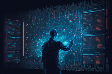 Poster - Data science. Data scientist querying, analysing and visualizing complex data set on virtual screen. Data flow concept. Business analytics, finance, Generative AI	