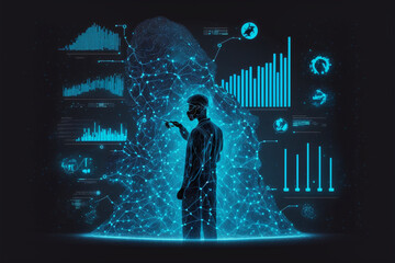 Poster - Big data technology and data science. Data scientist query, analyze, and visualize complex data set on virtual screen. Data flow concept. Business analytics, finance, Generative AI	