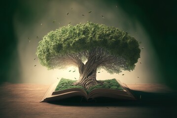 Sticker - Books about eco-travel and a towering green tree Generative AI