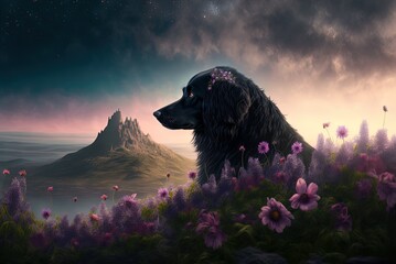 A fictitious black puppy with a hillside of echinacea blossoms Generative AI