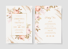 Wedding Invitation Template Set With Dry Peach Floral And Leaves Decoration