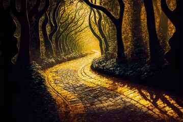 yellow brick road through the woods; the night is falling. generative ai