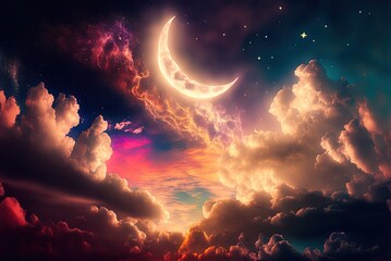 Wall Mural - Moon surrounded by a sunset's worth of cloud cover. New Generative AI