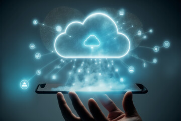 Poster - Bussiness hand using smartphone with virtual popup icon of cloud computing Storage and data transfer Cloud network, Cloud technology, Generative AI	
