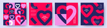 Happy Valentines Day Cards, Posters, Covers Set. Abstract Minimal Templates In Modern Geometric Style With Hearts Pattern For Celebration, Decoration, Branding, Packaging, Web And Social Media Banners