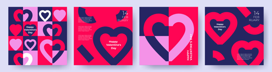 Wall Mural - Happy Valentines Day cards, posters, covers set. Abstract minimal templates in modern geometric style with hearts pattern for celebration, decoration, branding, packaging, web and social media banners