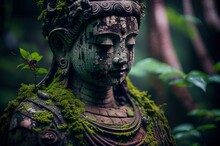 Ancient Buddha Sculpture In The Green Forest, Wallpaper, Photo-realistic Illustration Of Buddha Statue, Generative AI