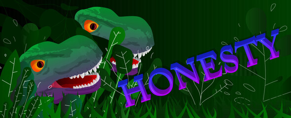 Poster - Dinosaur with speech bubble saying Honesty word. Tyrannosaurus Rex with thoughts.