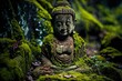 ancient buddha sculpture in the green rain forest, photo-realistic illustration of buddha statue, generative AI