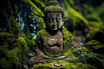 ancient buddha sculpture in the green rain forest, photo-realistic illustration of buddha statue, ge