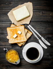 Poster - Breakfast. Toasted bread with butter, coffee and orange jam.