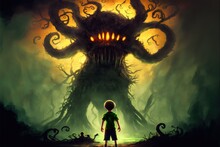 Dark Fantasy Scene Showing A Kid Standing On A Giant Monster With Blistering Skin And Tentacles, Digital Art Style, Illustration Painting, Fantasy Concept Of A Kid Near The Giant Monster