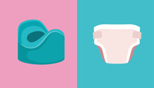 Diaper And Potty-Training Vector Baby Cartoon Icons. Baby Icons For Physiological Needs And Hygiene Concept
