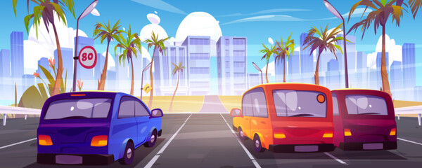 Wall Mural - Cars on road in tropical summer city. Cartoon vector illustration of autos driving highway to town with modern architecture, palm trees along way under blue sky. Holiday or vacation trip to resort