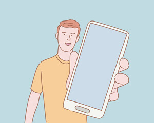 Poster - man show mobile smartphone for template copyspace blank with outline or line and clean simple people style